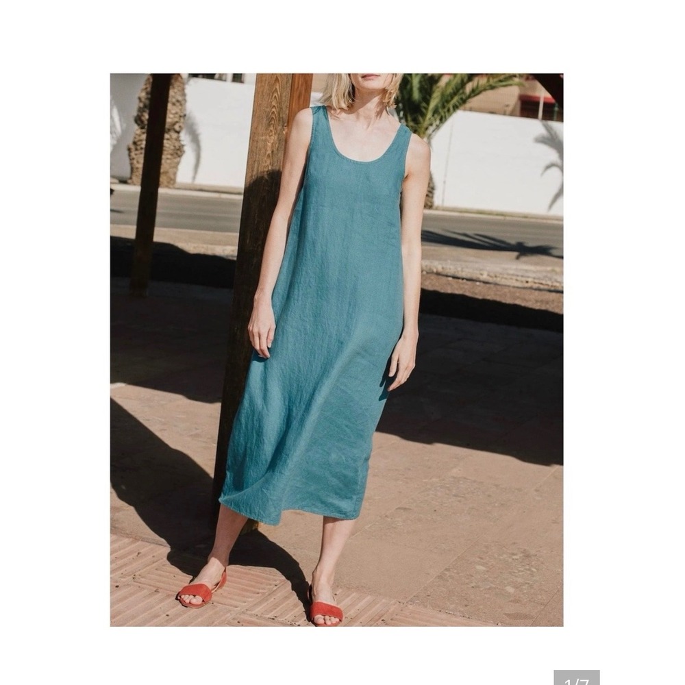 Not Perfect Linen Sleeveless Lagenlook Midi Shift Dress with Pockets S - Picture 2 of 7